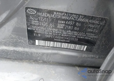 2012 Hyundai Sonata Se 2.0T из США, поврежденный, VIN 5NPEC4AB4CH422039